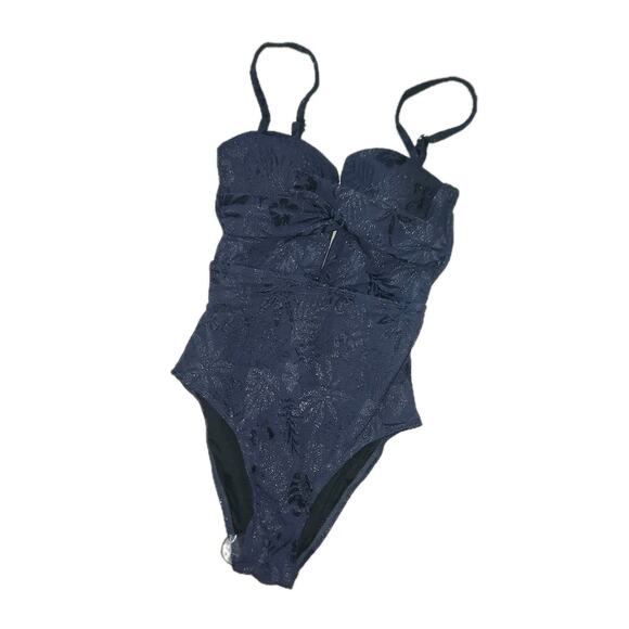 NWT Cupshe Navy Shimmer Palm Trees One Piece Bathing Suit Sz XS - Picture 2 of 7